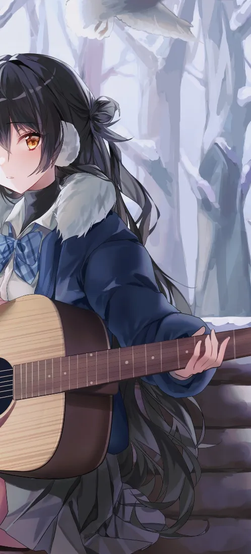 弹吉他少女手机壁纸｜冬日雪景背景图片 - 漫画风「哲风壁纸」