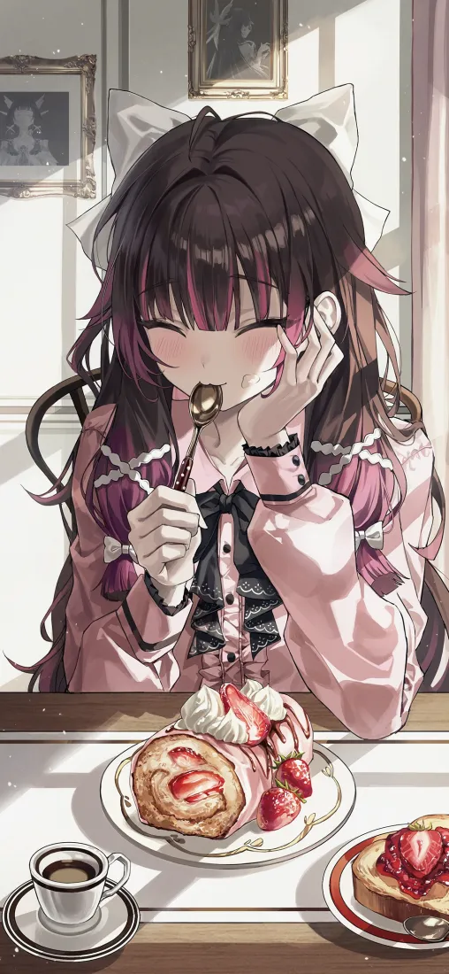 猫耳少女手机壁纸｜下午茶背景图片 - 草莓卷「哲风壁纸」