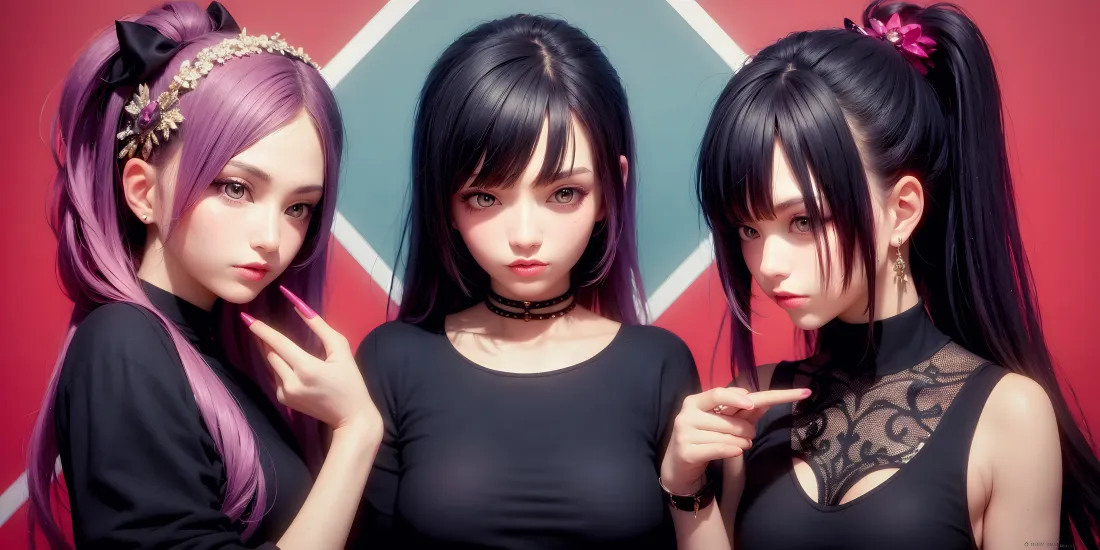 7kAI少女壁纸｜红蓝色块背景图片 - 三位冷艳女孩「哲风壁纸」