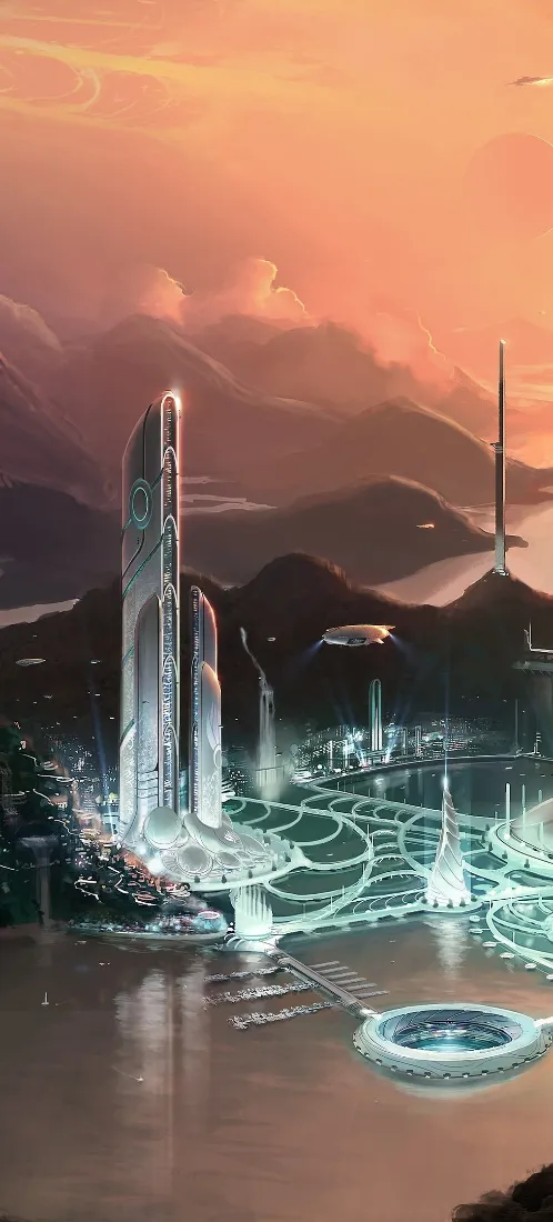 科幻城市手机壁纸｜江边黄昏背景图片 - 未来科技感「哲风壁纸」