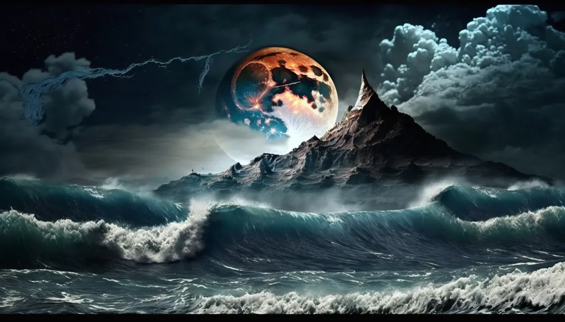 5k红月壁纸｜海浪山峰背景图片 - 夜晚AI制作「哲风壁纸」
