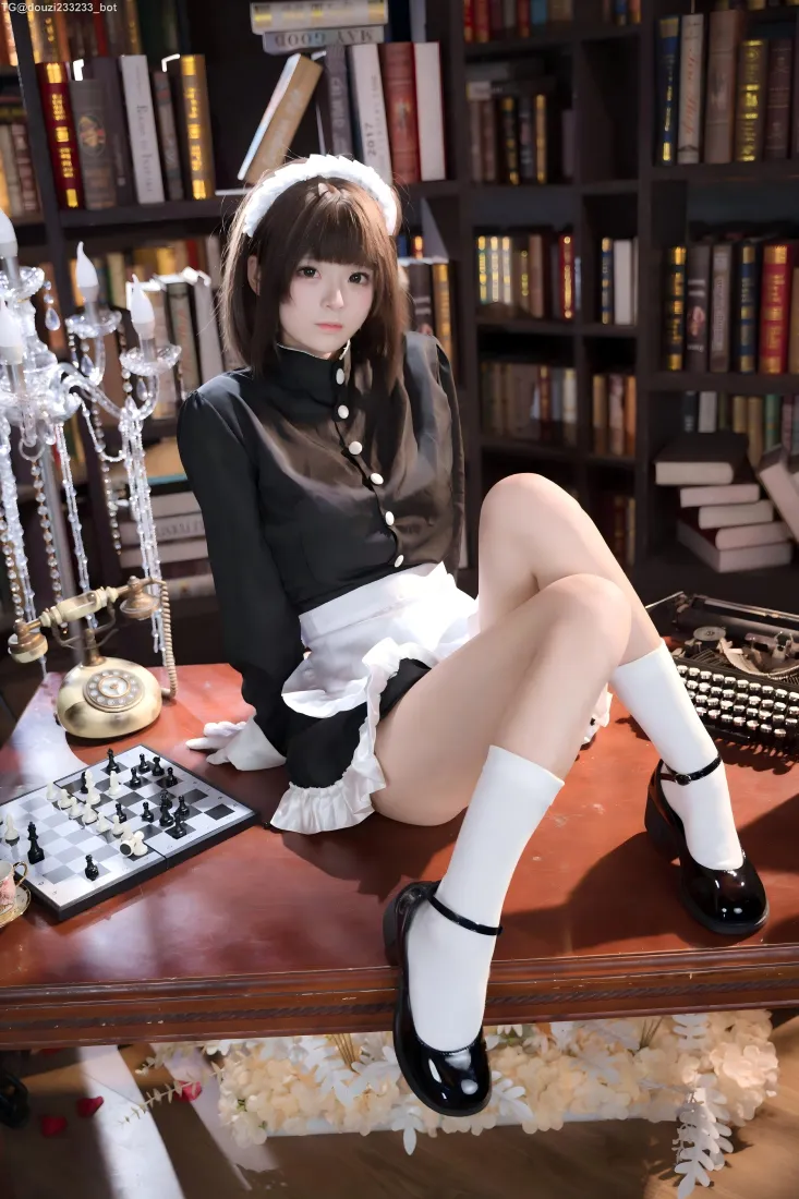 女仆装cos手机壁纸｜书房背景图片 - 气质美女「哲风壁纸」