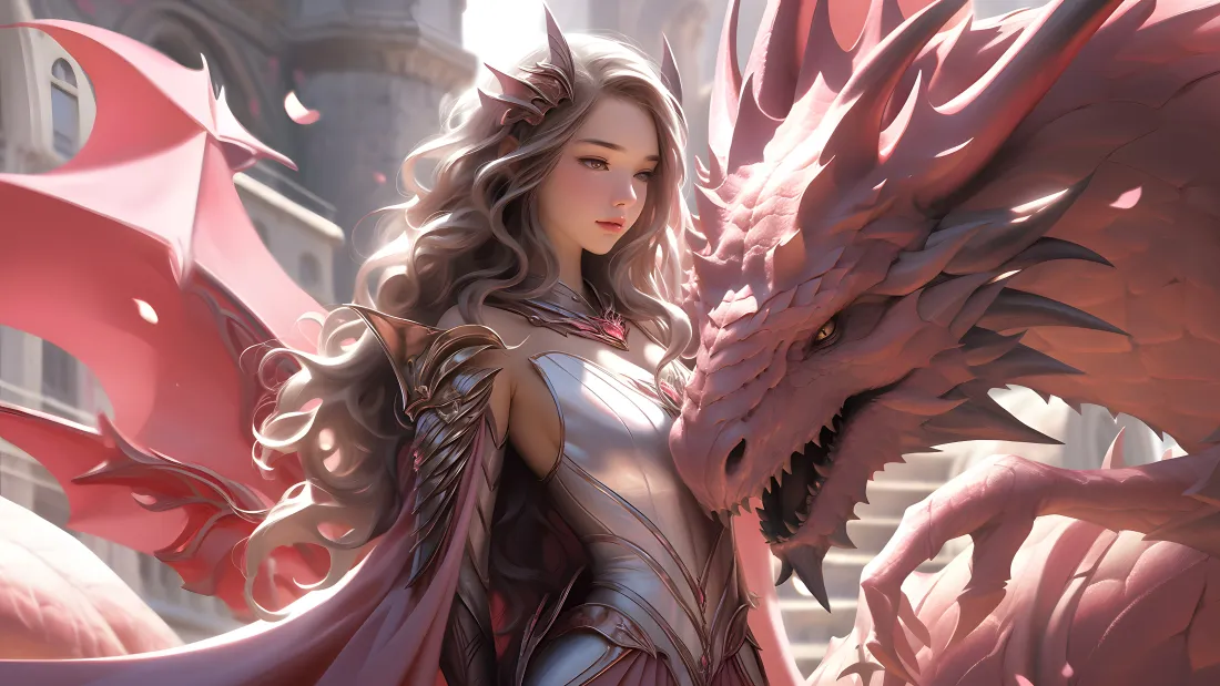 4k龙族少女壁纸｜红龙城堡背景图片 - 奇幻插画「哲风壁纸」