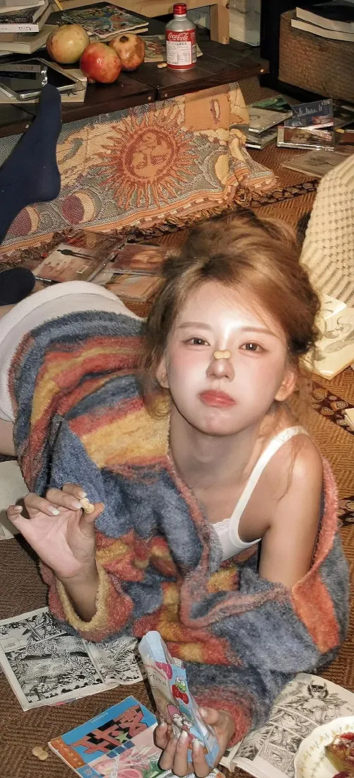 彩色毛衣美女手机壁纸｜温馨居家背景图片 - 松弛氛围感「哲风壁纸」