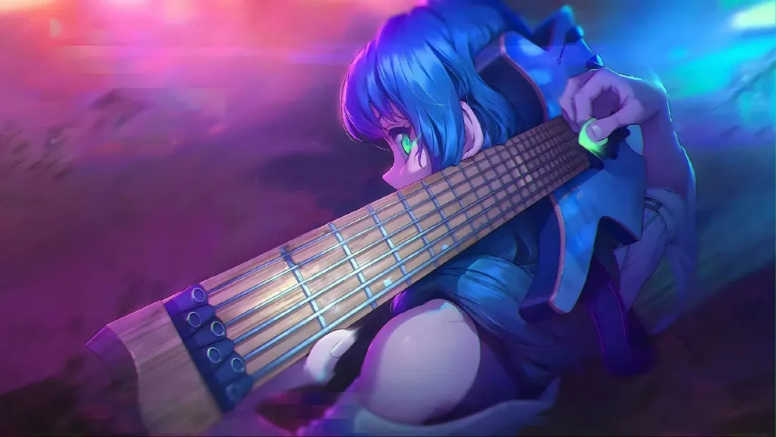 2k朝日六花壁纸｜霓虹舞台背景图片 - 吉他演奏「哲风壁纸」