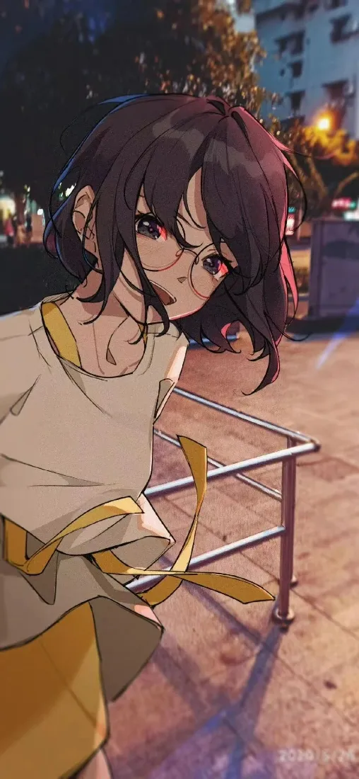 眼镜少女手机壁纸｜夜晚街道背景图片 - 二次元风「哲风壁纸」