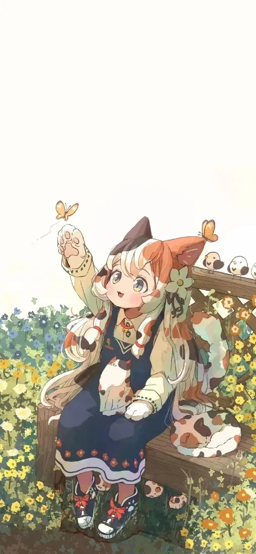 花猫耳少女手机壁纸｜花田背景图片 - 蝴蝶嬉戏「哲风壁纸」