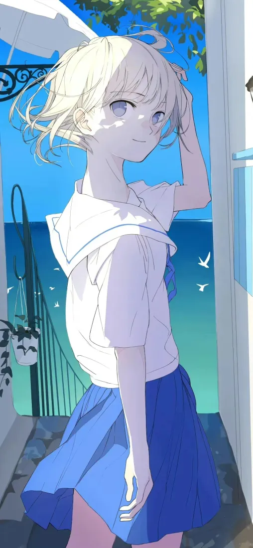 水手服少女手机壁纸｜海边背景图片 - 夏日清新「哲风壁纸」