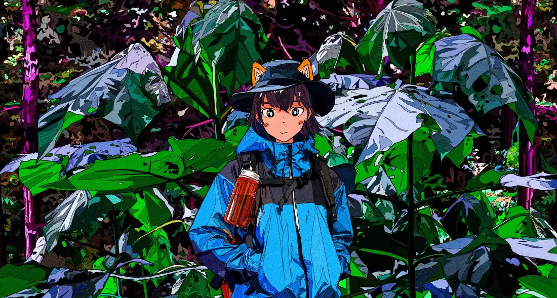 4k猫耳帽动漫少女壁纸｜野外丛林背景图片 - 户外探险「哲风壁纸」