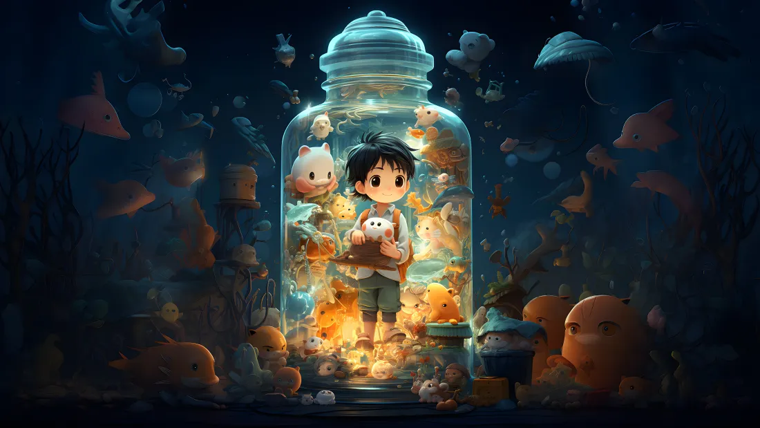 4k瓶中小男孩壁纸｜暖光深海背景图片 - 治愈童话插画「哲风壁纸」