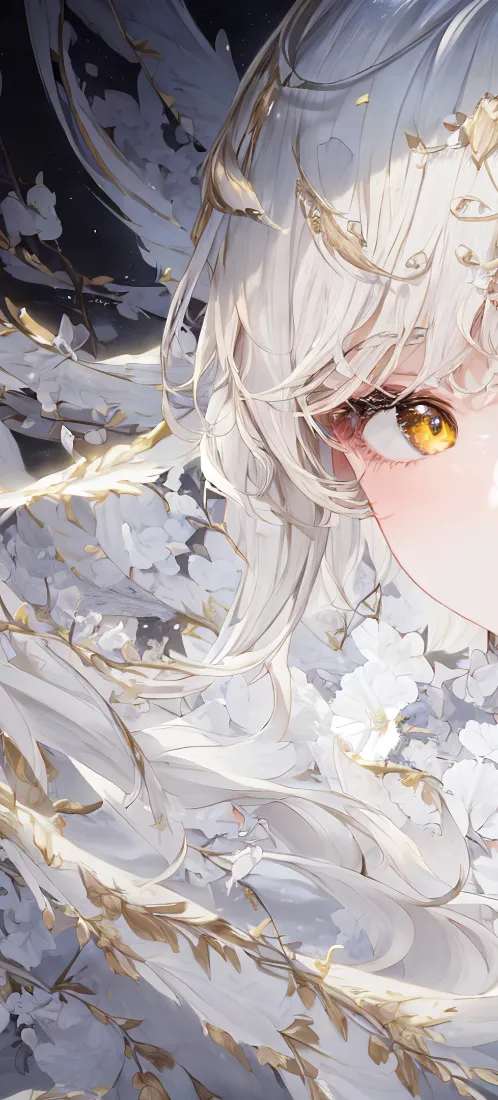 白发金瞳少女手机壁纸｜白色羽毛背景图片 - 清新动漫风「哲风壁纸」