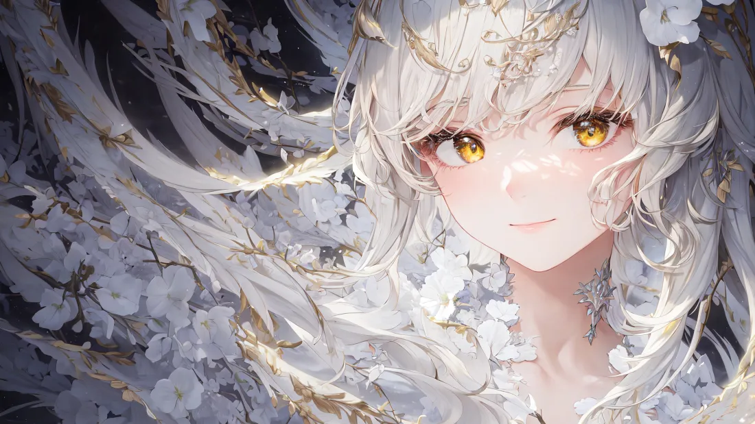 4k白发金瞳少女壁纸｜白花背景图片 - 二次元角色「哲风壁纸」