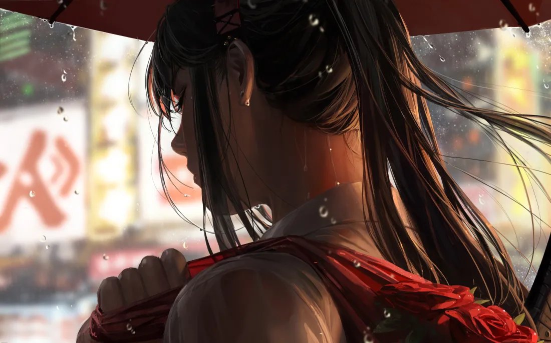 4k红衣少女壁纸｜雨天城市背景图片 - 动漫氛围感「哲风壁纸」