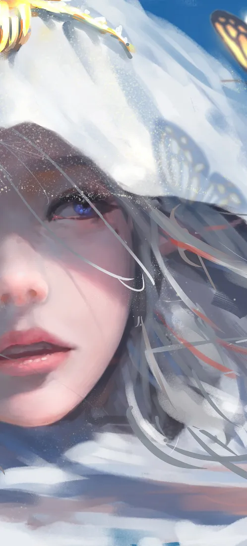 银发少女手机壁纸｜蓝天白纱背景图片 - 治愈氛围感「哲风壁纸」