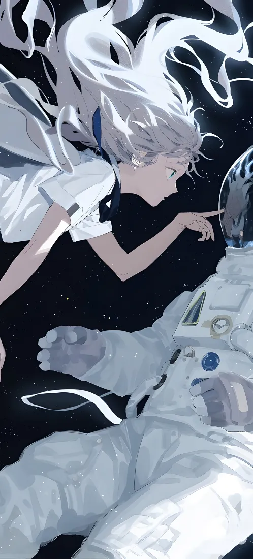银发少女手机壁纸｜太空背景图片 - 二次元宇航员插画「哲风壁纸」