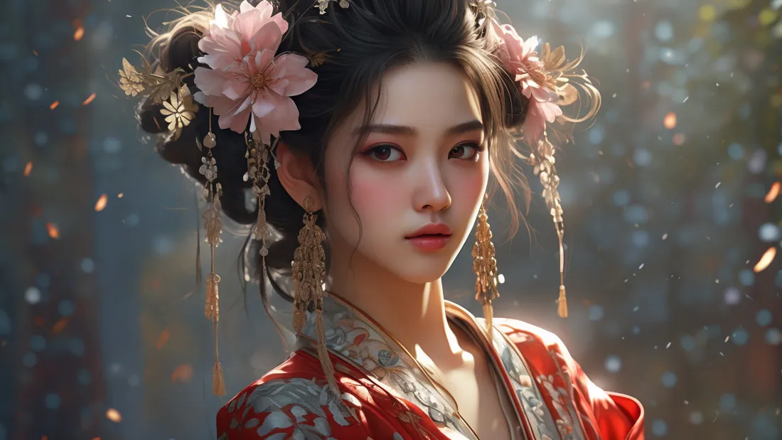 3k红衣古装美女壁纸｜朦胧光斑背景图片 - AI古风「哲风壁纸」