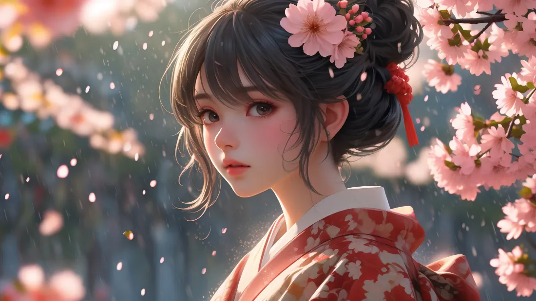 3kAI古风壁纸｜樱花背景图片 - 红衣古装少女「哲风壁纸」