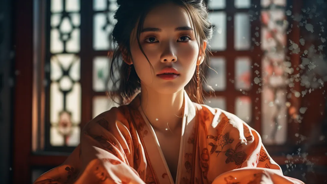 3kAI古风壁纸｜古窗光影背景图片 - 清冷橙衣古装美女「哲风壁纸」