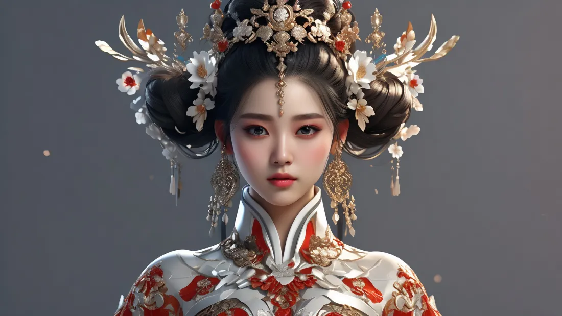 3k古装秀禾美女壁纸｜灰色背景图片 - AI国风创作「哲风壁纸」