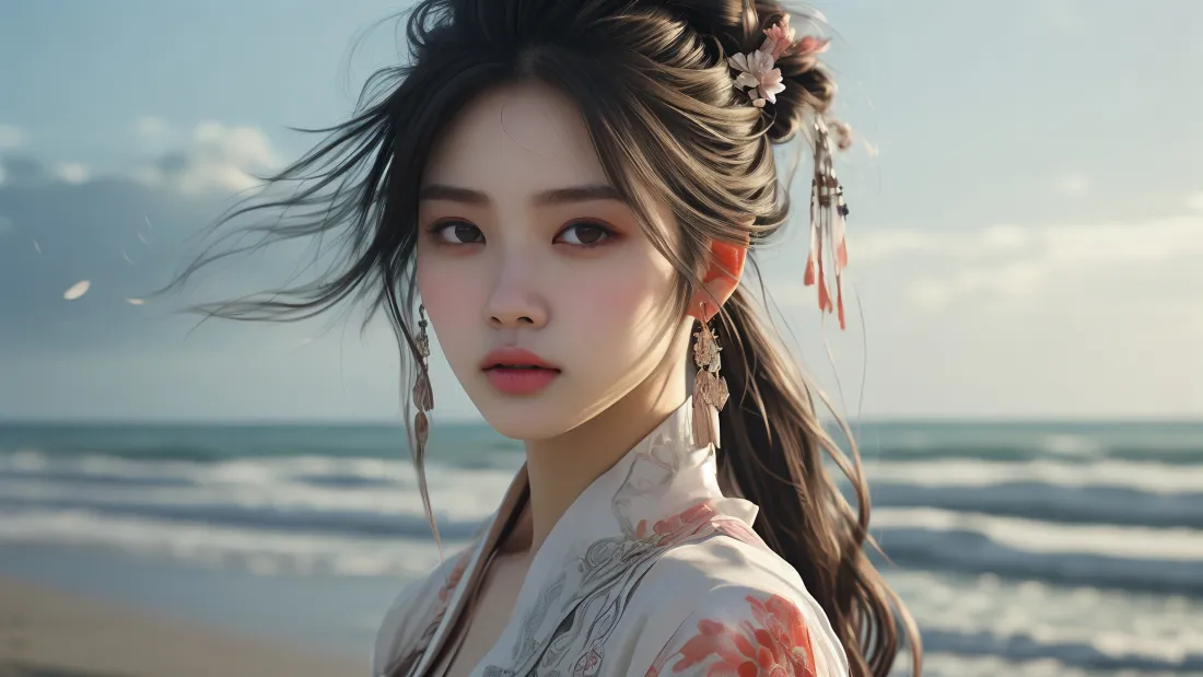 3kAI古风壁纸｜海边蓝天背景图片 - 温婉古装美女「哲风壁纸」