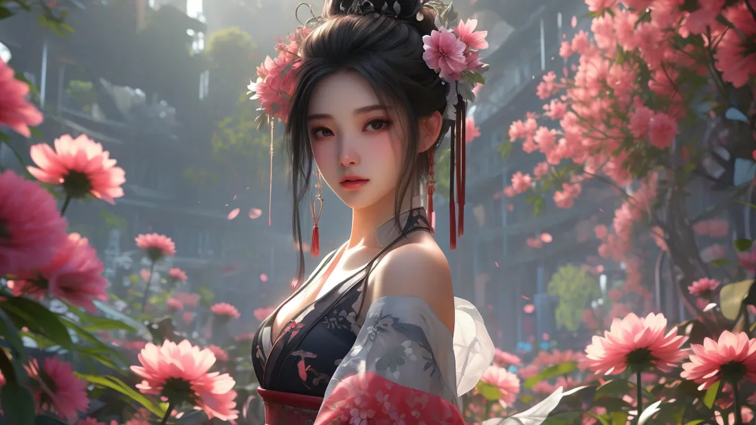 3k古装美女壁纸｜粉色花林背景图片 - AI古风美人「哲风壁纸」