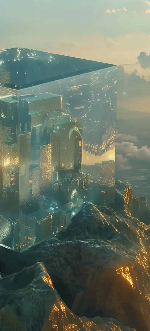 镜面立方体手机壁纸｜黄昏背景图片 - 科幻创意「哲风壁纸」