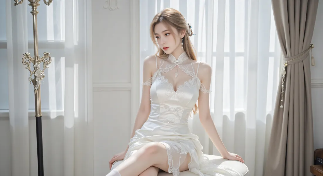 8k金发美女壁纸｜室内落地窗背景图片 - 清冷气质「哲风壁纸」