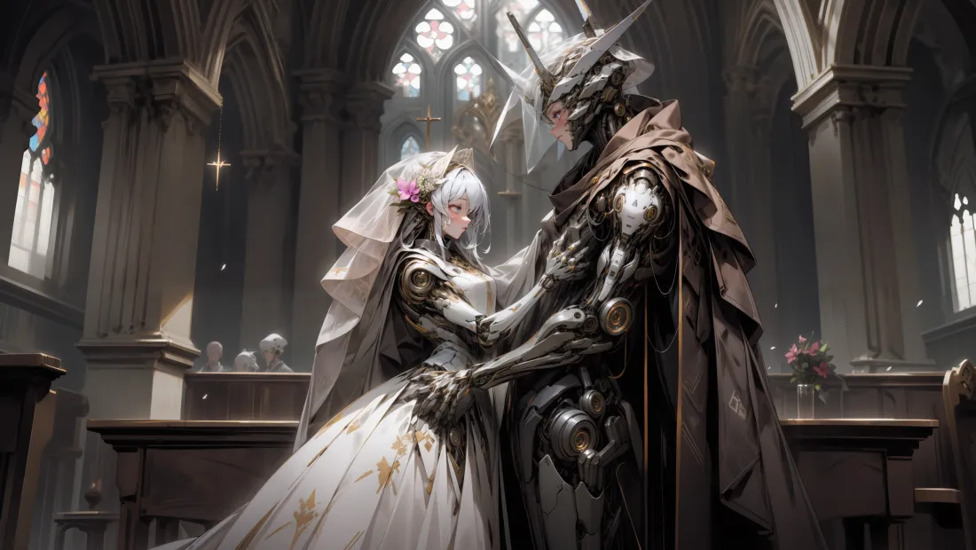 3k机械姬壁纸｜教堂婚礼背景图片 - 机甲情侣「哲风壁纸」