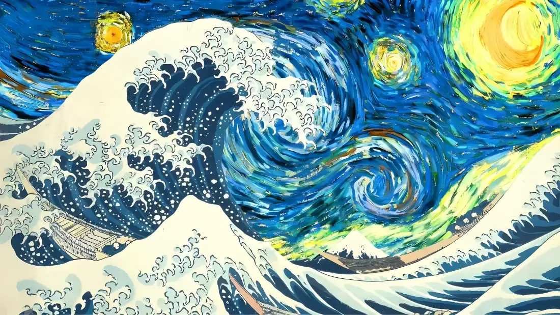 2k名画融合壁纸｜海浪星空背景图片 - 艺术撞色浮世绘「哲风壁纸」