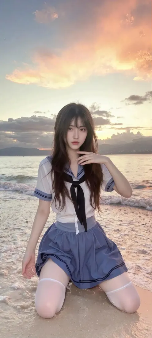 JK制服美女手机壁纸｜海边晚霞背景图片 - Ios专属「哲风壁纸」