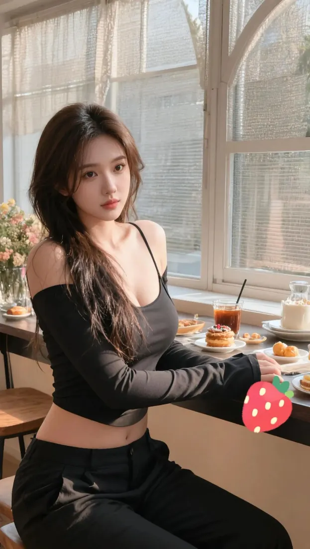 性感美女手机壁纸｜咖啡店背景图片 - 纯欲穿搭「哲风壁纸」