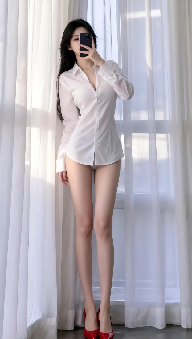 白衬衫美女手机壁纸｜窗边纱帘背景图片 - 红色高跟鞋「哲风壁纸」