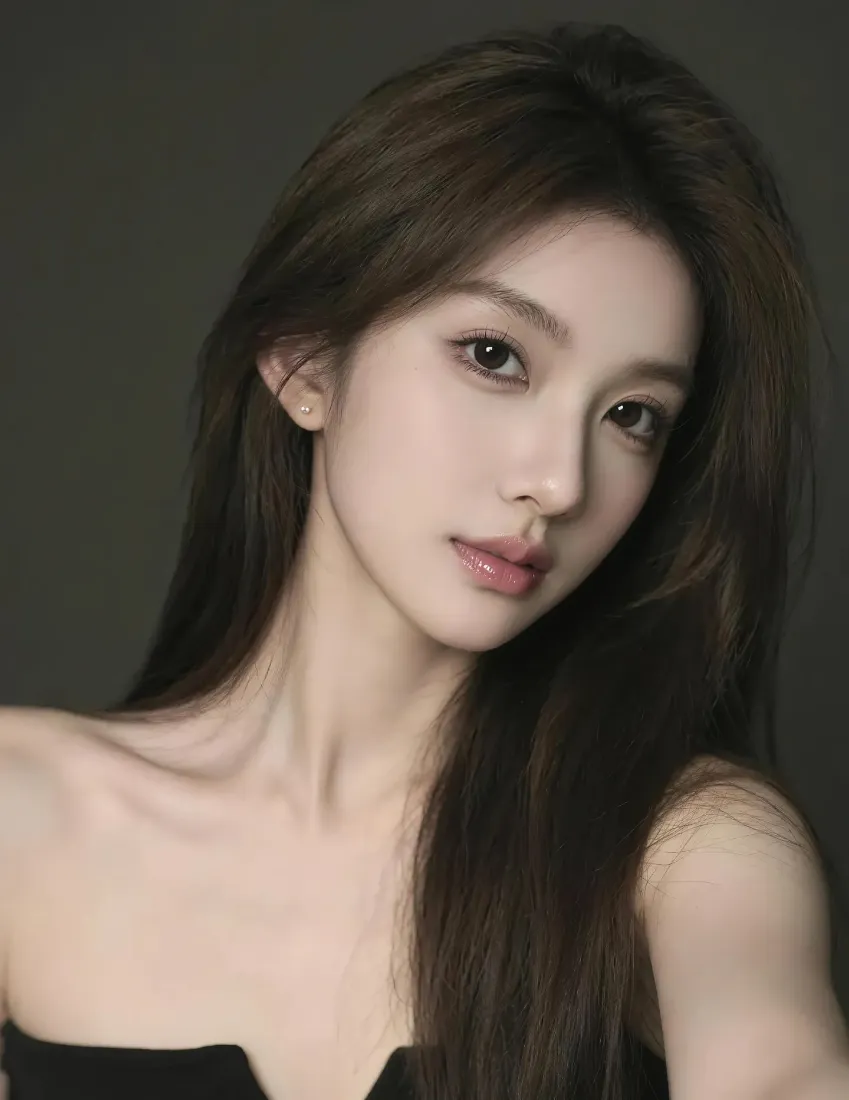 气质美女手机壁纸｜深灰纯色背景图片 - 黑长直纯欲穿搭「哲风壁纸」