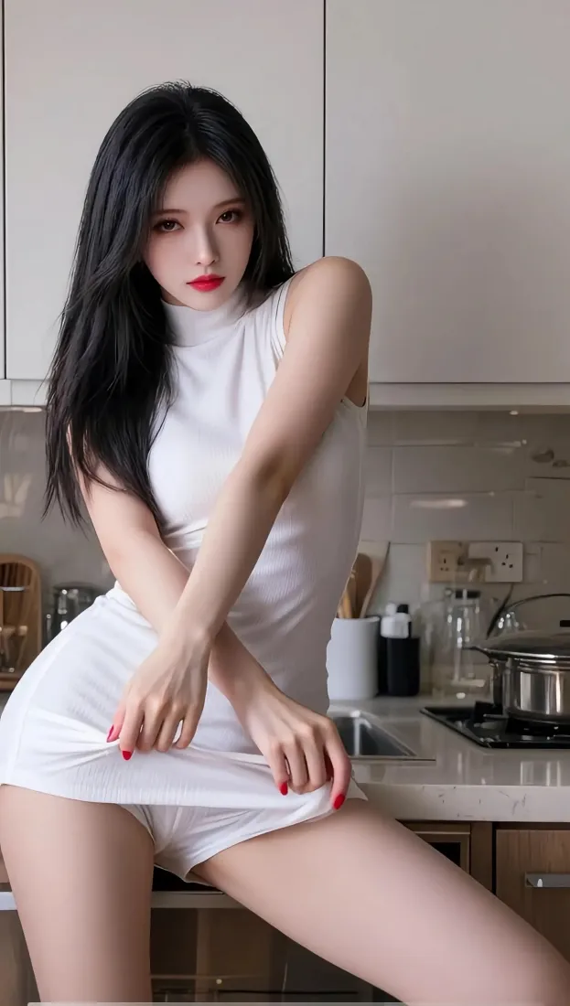白裙美女手机壁纸｜厨房背景图片 - 性感御姐「哲风壁纸」