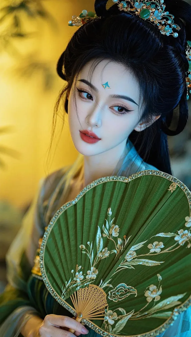 古风美人手机壁纸｜暖黄背景图片 - 手持团扇写真「哲风壁纸」