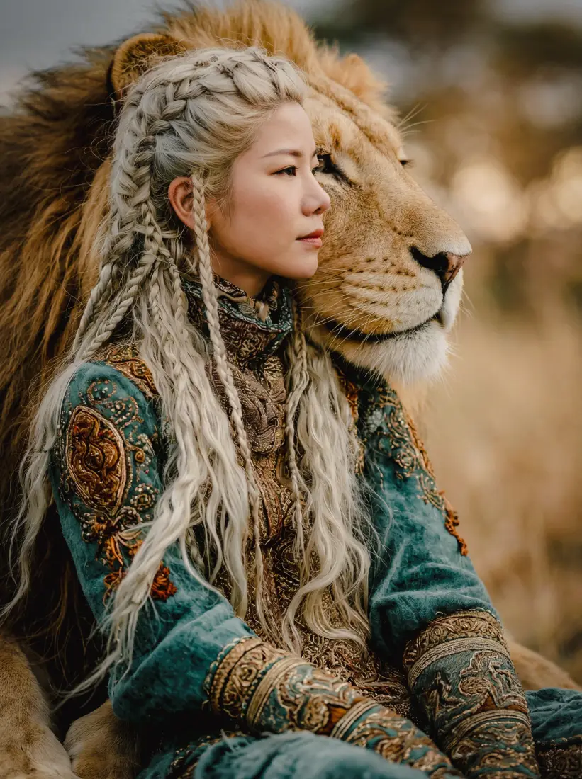 银发编发女孩手机壁纸｜草原背景图片 - 野性猛兽相伴「哲风壁纸」