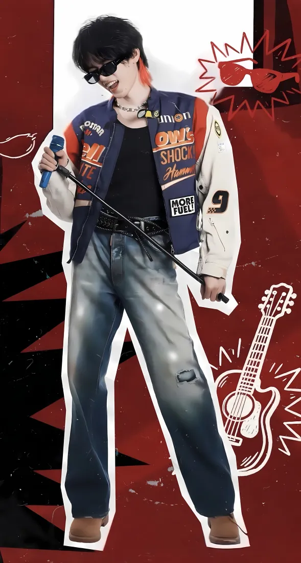 宋亚轩手机壁纸｜红黑涂鸦背景图片 - 潮酷棒球服造型「哲风壁纸」