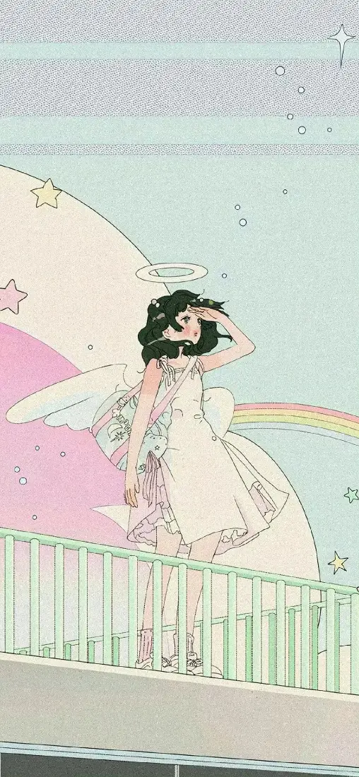 天使女孩手机壁纸｜彩虹云朵天空背景图片 - 治愈清新插画「哲风壁纸」