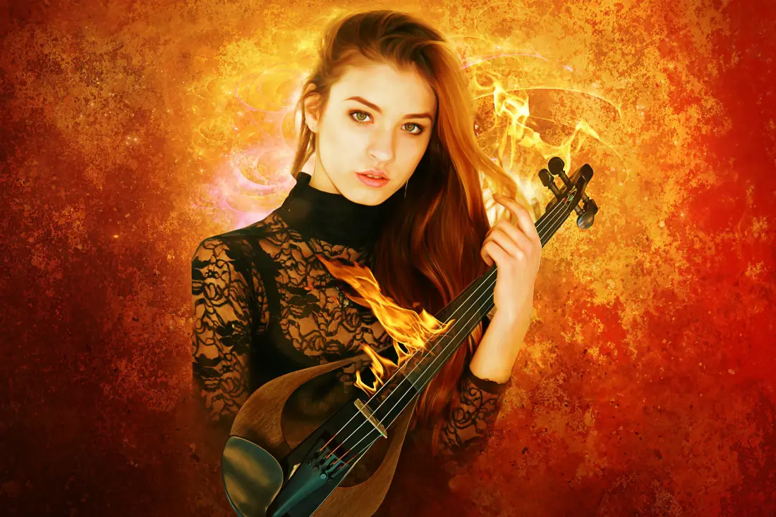 5k红发美女壁纸｜火焰背景图片 - 小提琴人像「哲风壁纸」