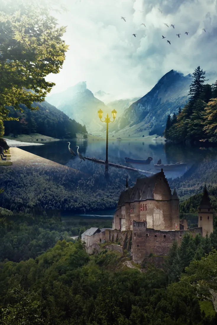 城堡手机壁纸｜山谷湖景背景图片 - 静谧治愈山野「哲风壁纸」