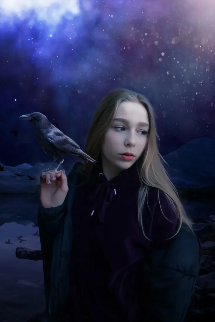 乌鸦少女手机壁纸｜星空背景图片 - 冷艳暗黑氛围感「哲风壁纸」