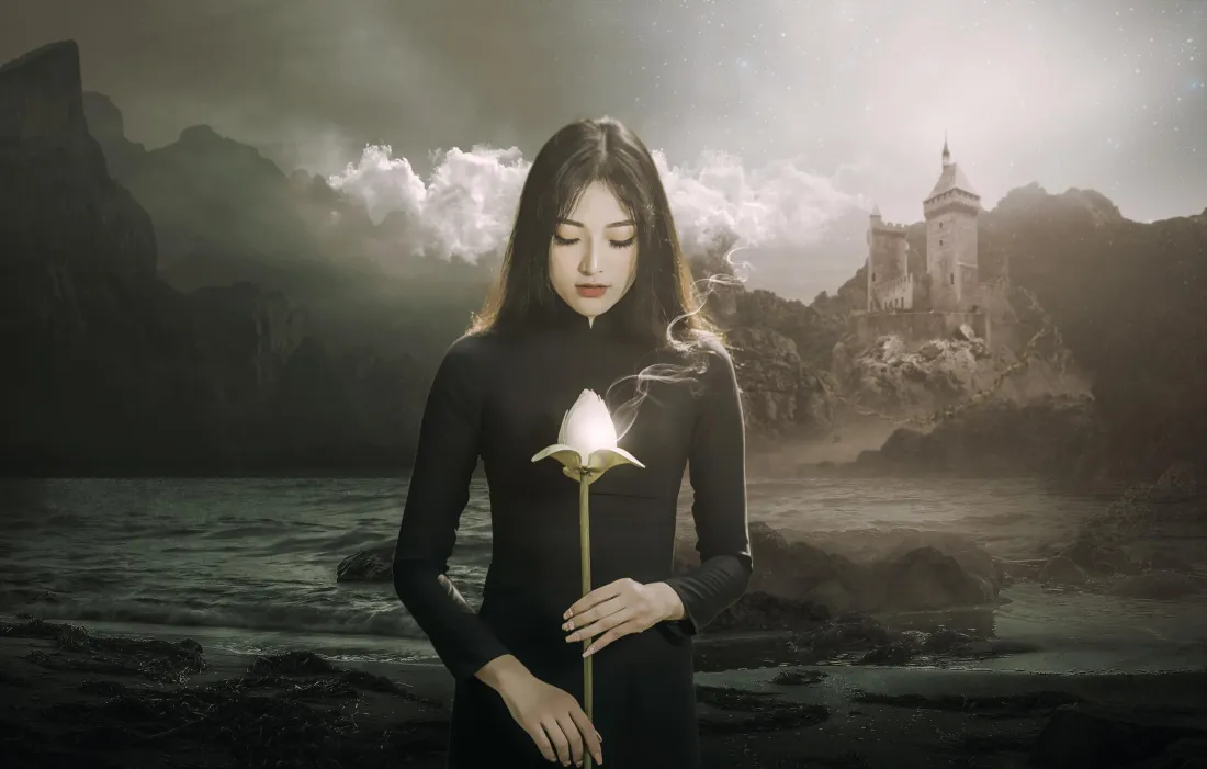 3k黑衣少女壁纸｜城堡背景图片 - 暗黑梦幻场景「哲风壁纸」