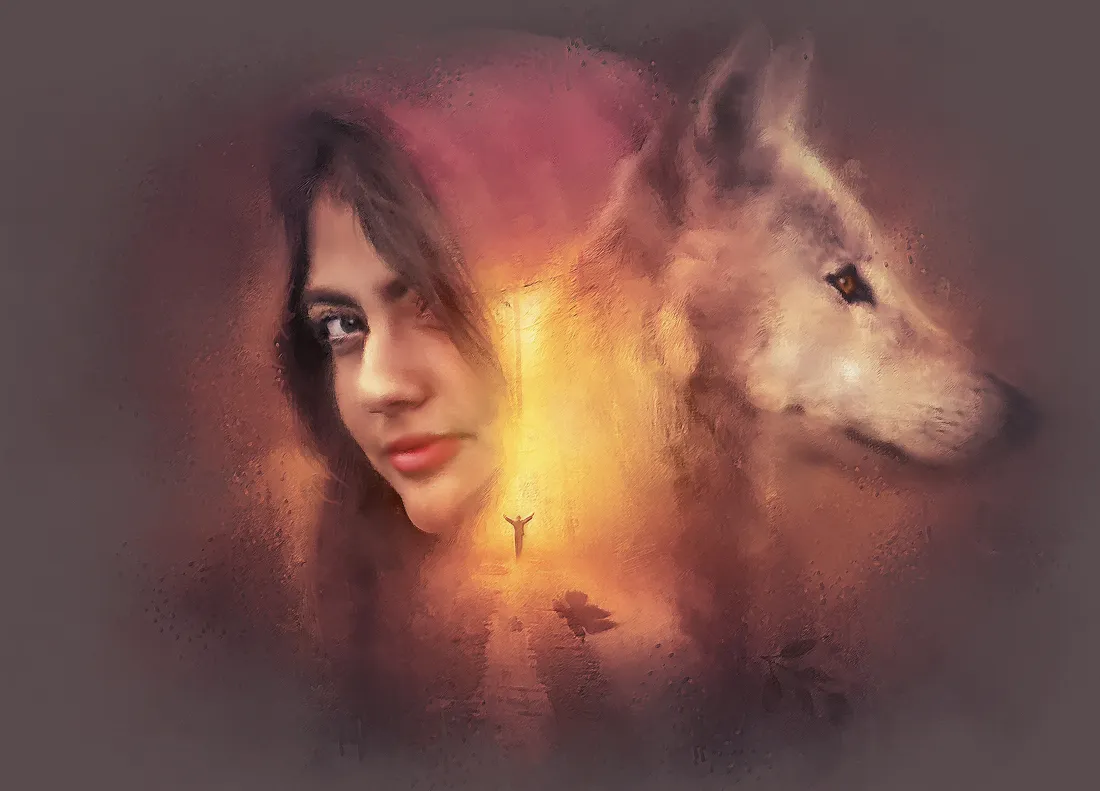 4k少女与狼壁纸｜暖光背景图片 - 创意双重曝光「哲风壁纸」