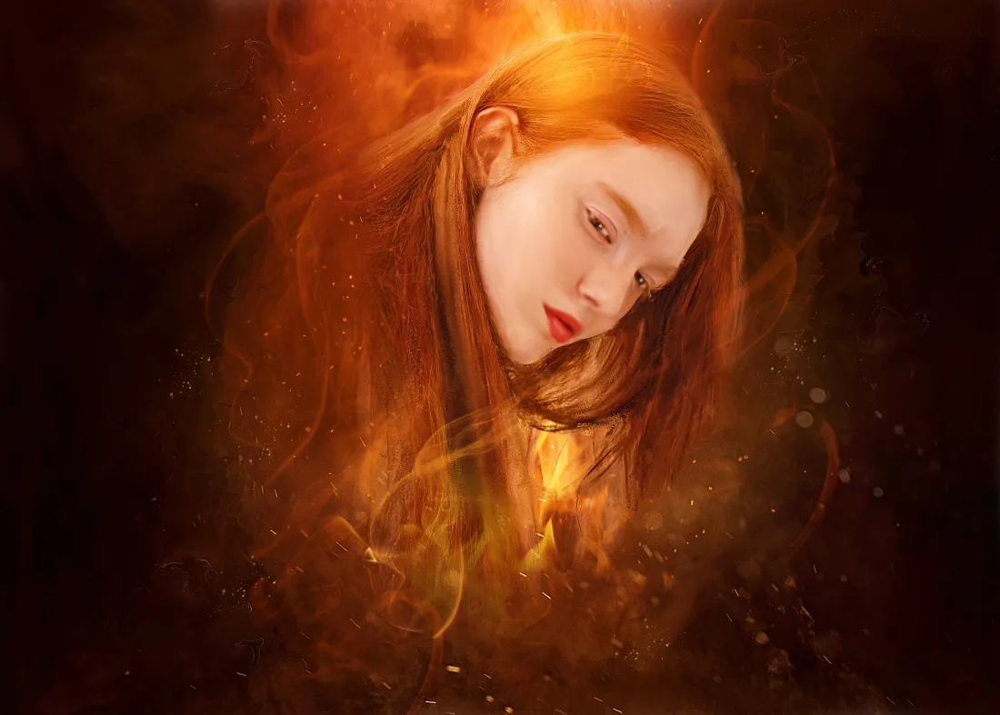 4k火光少女壁纸｜暖金色火光背景图片 - 创意人像「哲风壁纸」