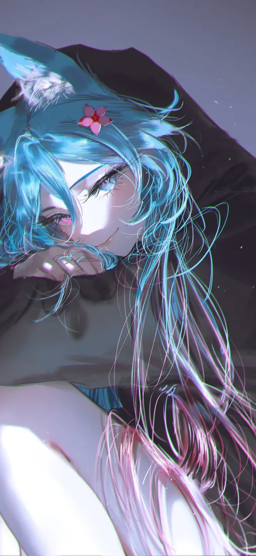 蓝发狐耳少女手机壁纸｜冷调背景图片 - 黑色卫衣「哲风壁纸」