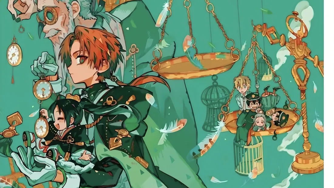 2k地缚少年花子君壁纸｜绿底天平怀表背景图片 - 苍井茜「哲风壁纸」