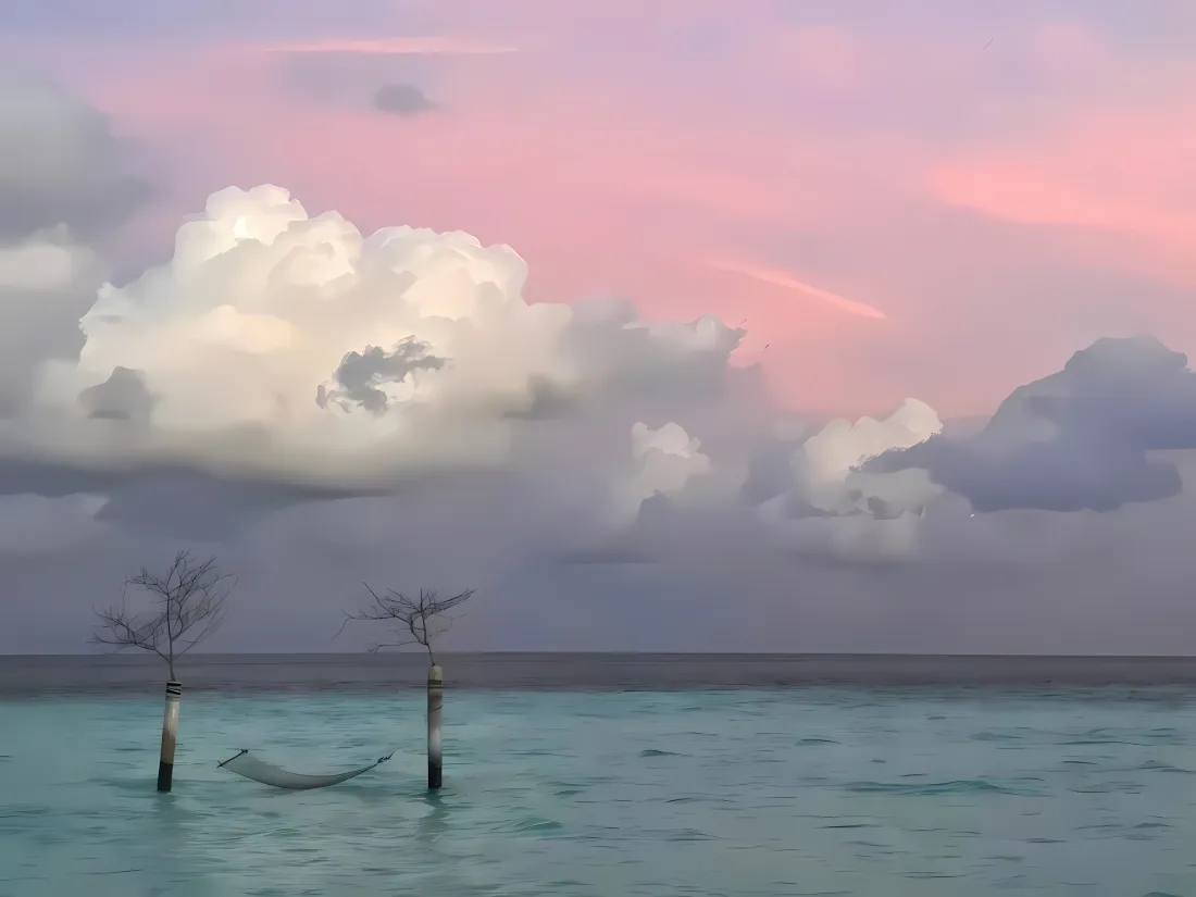 3k粉霞湖水壁纸｜云朵海边背景图片 - 黄昏吊床「哲风壁纸」