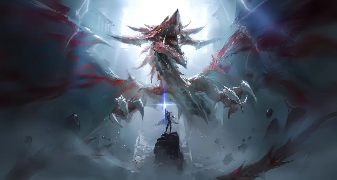 2k龙壁纸｜云雾雷光背景图片 - 剑士对峙巨兽「哲风壁纸」