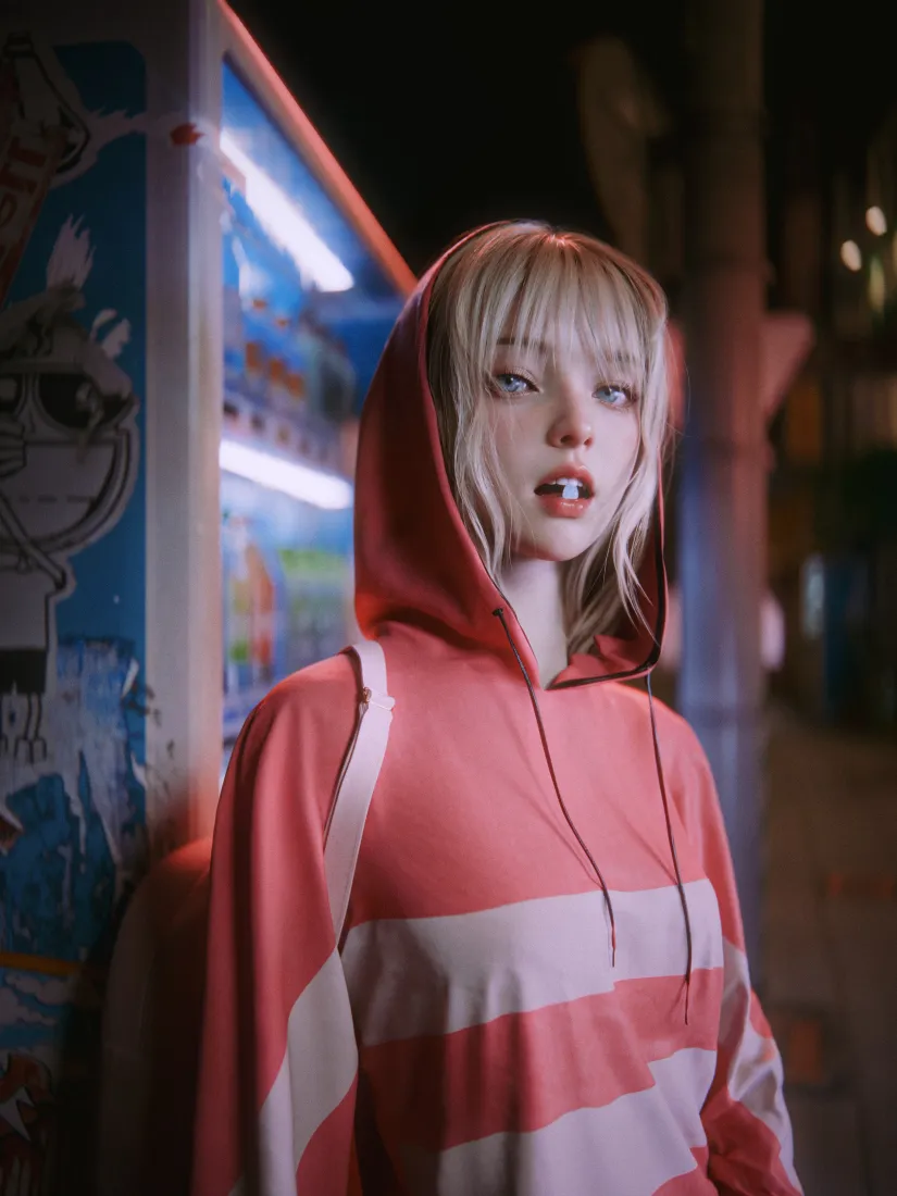 金发少女手机壁纸｜街头背景图片 - 夜晚街景「哲风壁纸」