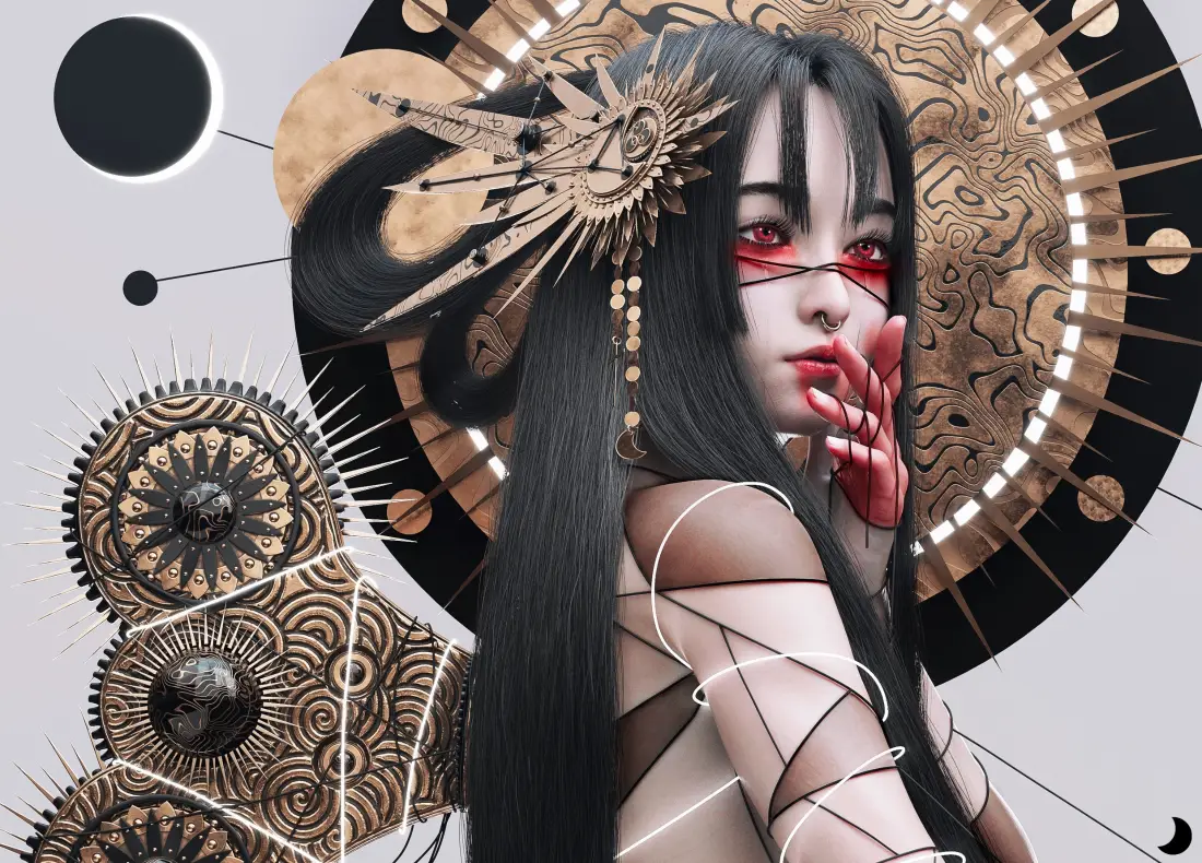 2k古风壁纸｜红瞳少女背景图片 - 复古机械「哲风壁纸」